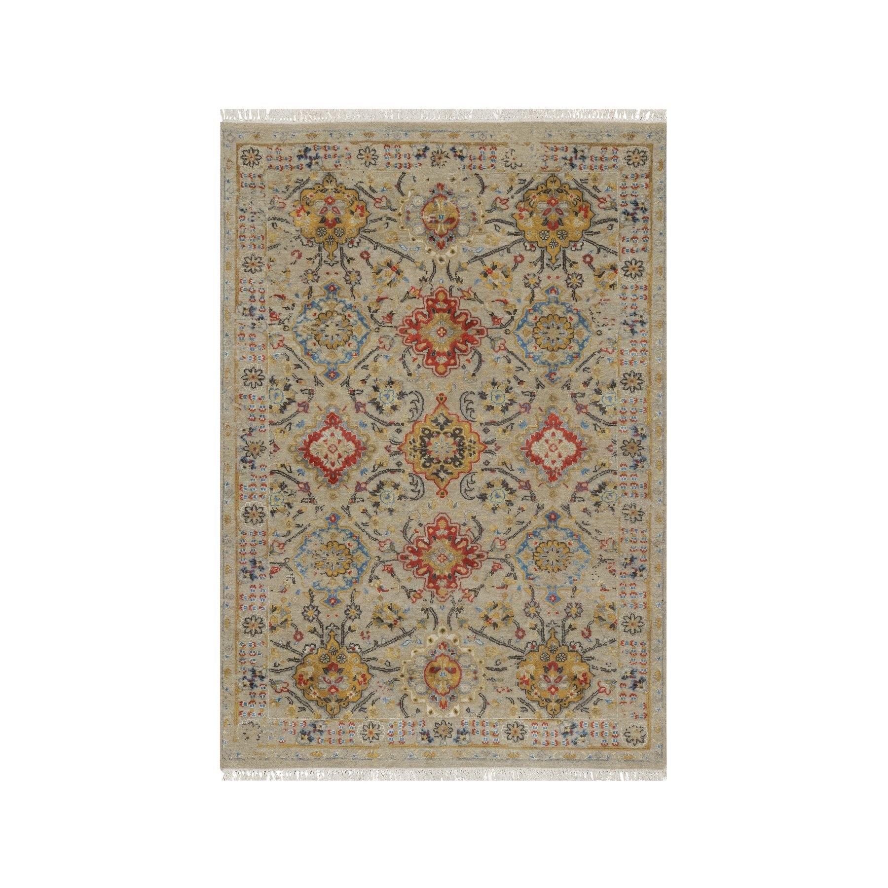 4'1"x6' Biscotti Beige, Soft to the Touch Pile, THE SUNSET ROSETTES, Hand Knotted, Wool and Pure Silk, Oriental Rug 